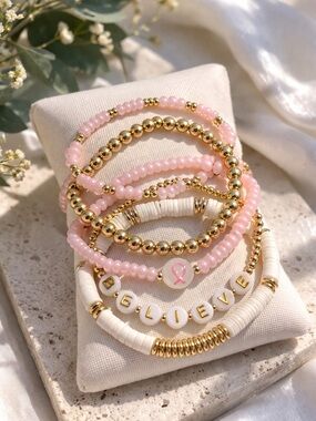 14K Gold Plated Believe Bracelet Stack - Set of 5 - Breast Cancer Awareness